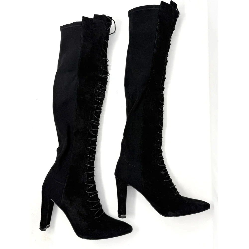 Stuart Weitzman Black Suede Lace Up Knee High Block Heel Boots 8M 51359